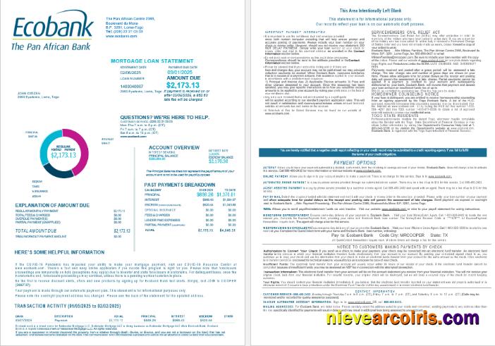 Togo Ecobank Bank mortgage loan statement, 4 pages 1-2